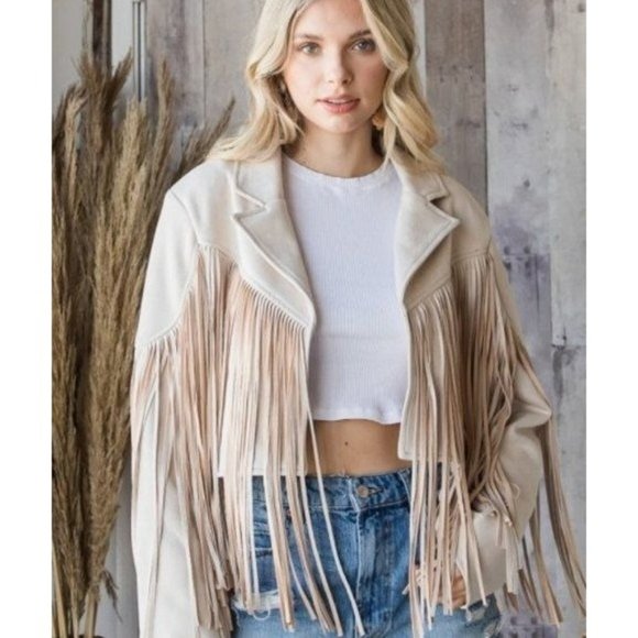 Veveret Jackets & Blazers - VEVERET Fringe Jacket Cream Faux Suede Moto Western Rodeo Bolero NWT